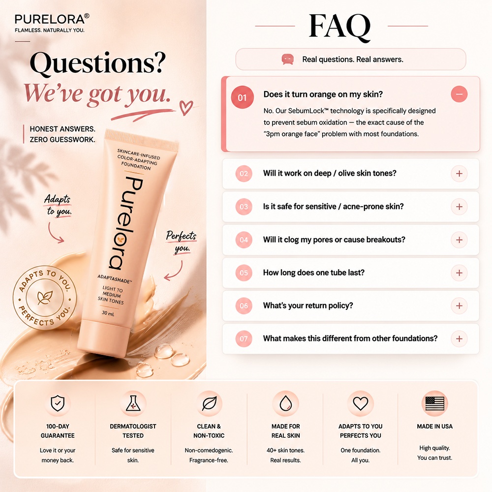 💖【Tienda oficial】Base de maquillaje AdaptaShade de PURELORA®: una base de maquillaje que se adapta al tono de la piel y contiene ingredientes para el cuidado de la piel