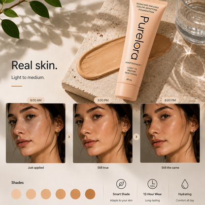 💖【Tienda oficial】Base de maquillaje AdaptaShade de PURELORA®: una base de maquillaje que se adapta al tono de la piel y contiene ingredientes para el cuidado de la piel