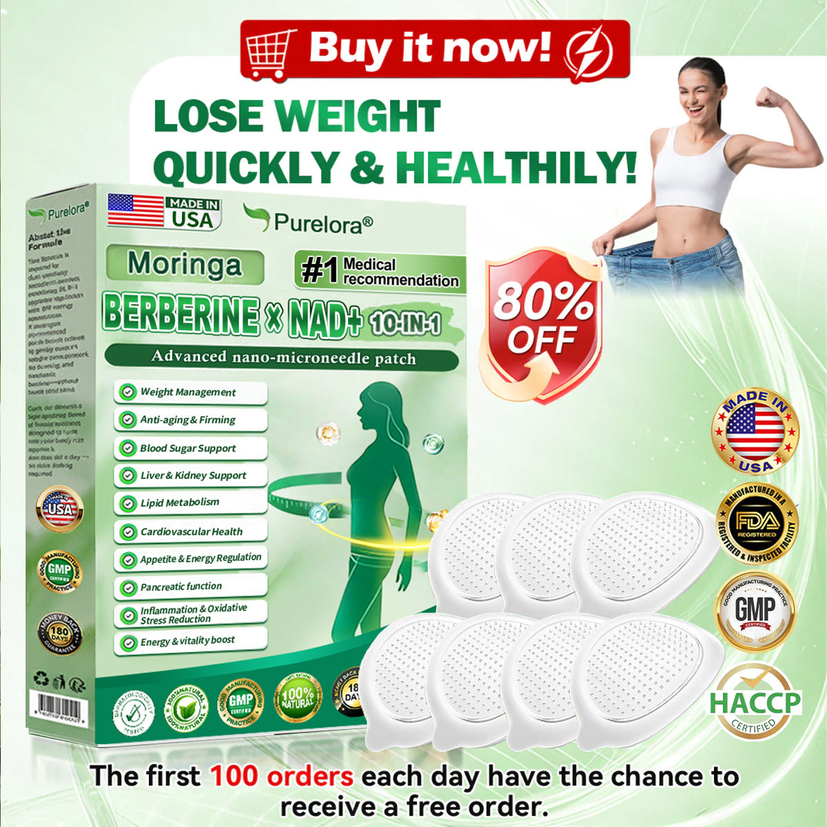 🔥New Arrival |Purelora® Moringa Berberine × NAD⁺ 10-in-1 Nano Microneedle Patch (Just once daily, visible changes in 7 days) ✅ Supports weight management, loose skin, diabetes care, sleep apnea, joint comfort, and more