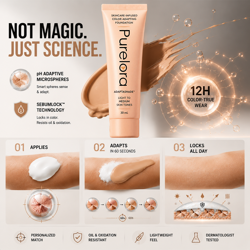 💖【Tienda oficial】Base de maquillaje AdaptaShade de PURELORA®: una base de maquillaje que se adapta al tono de la piel y contiene ingredientes para el cuidado de la piel