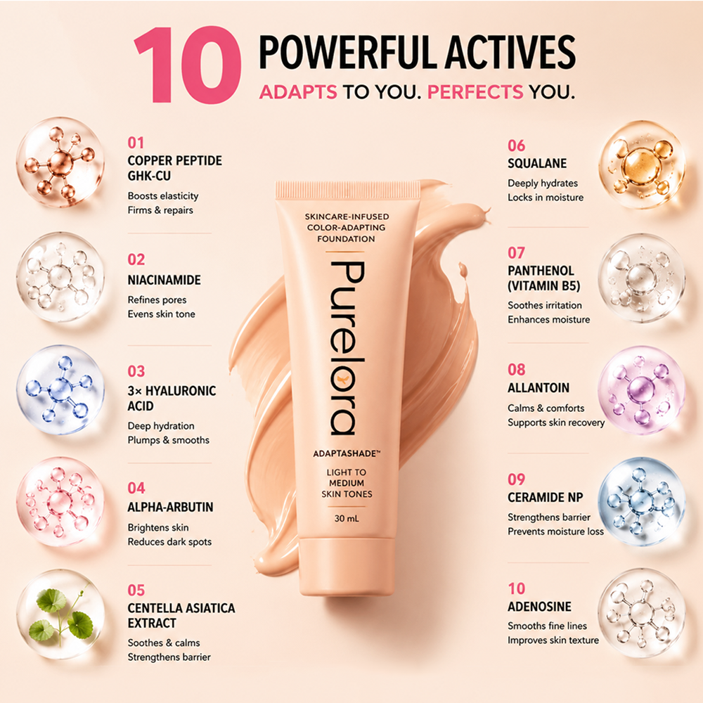 💖【Tienda oficial】Base de maquillaje AdaptaShade de PURELORA®: una base de maquillaje que se adapta al tono de la piel y contiene ingredientes para el cuidado de la piel